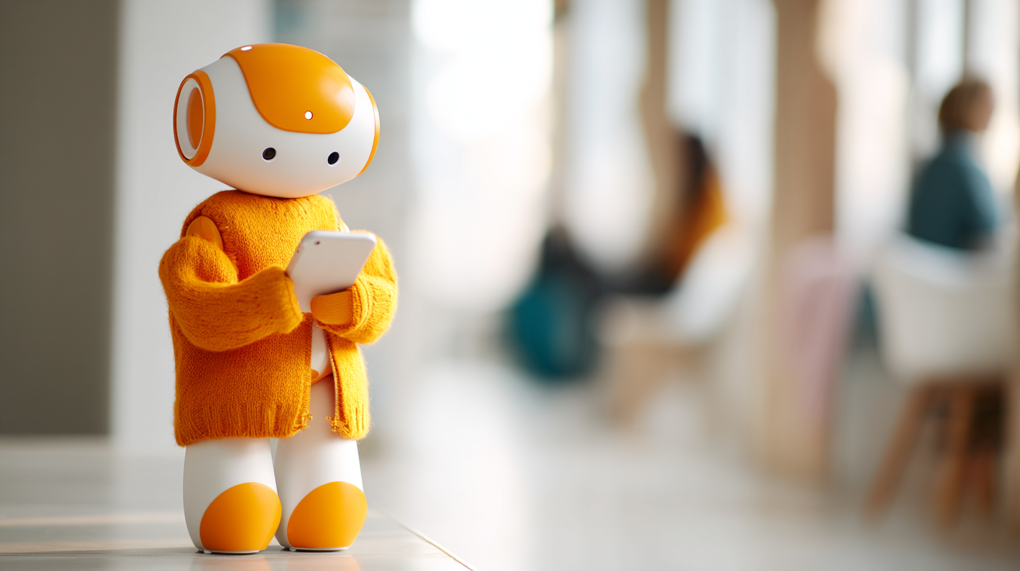 A robot with an orange and white design holds a smartphone while standing in a modern, bright environment.