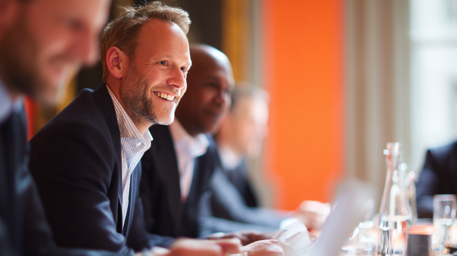 A diverse group of smiling professionals engaged in discussion at a conference table, with a bright orange background.