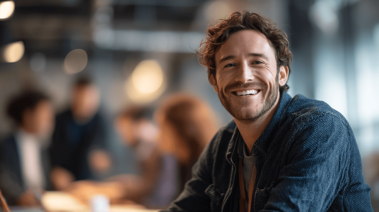 Smiling man with curly hair in a casual shirt sits at a table, with blurred colleagues in a modern workspace behind him.
