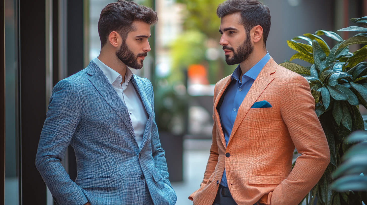 Two well-dressed men in stylish suits stand facing each other, surrounded by greenery in a modern setting.
