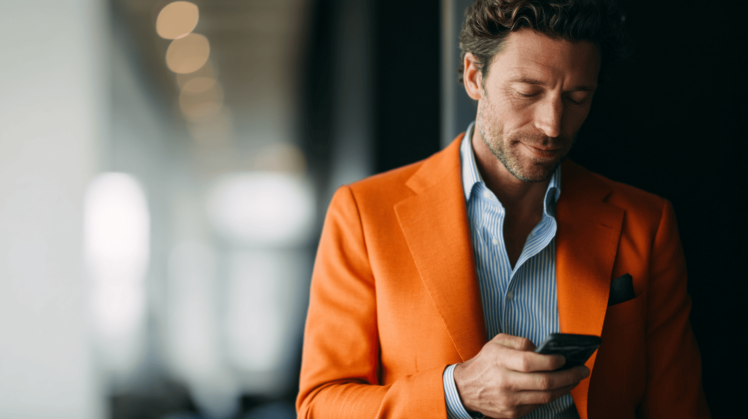 A man in an orange blazer looks at his phone, with soft lighting and blurred interior background.