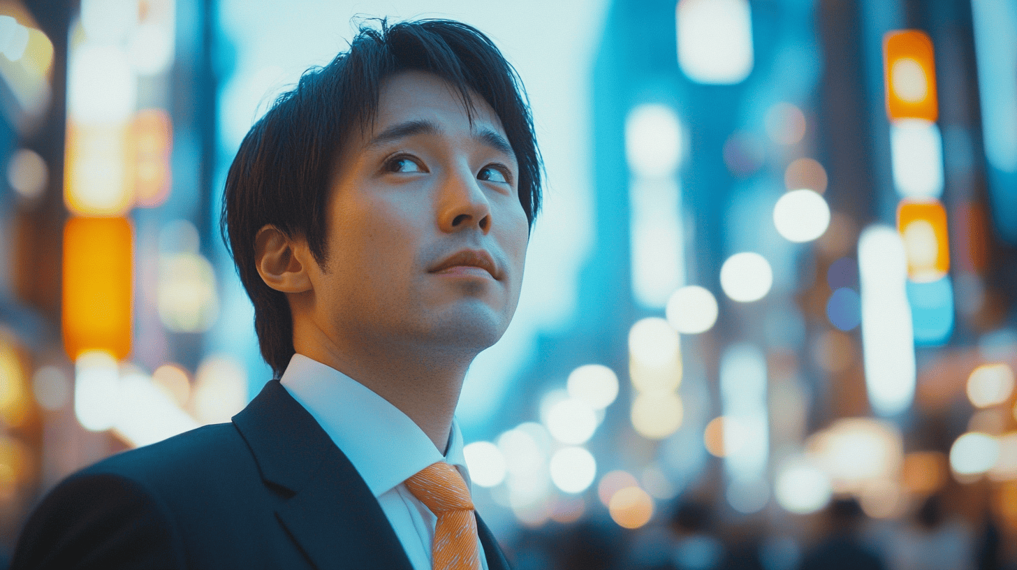 A man in a suit and orange tie looks up at a blurred cityscape filled with colorful lights.