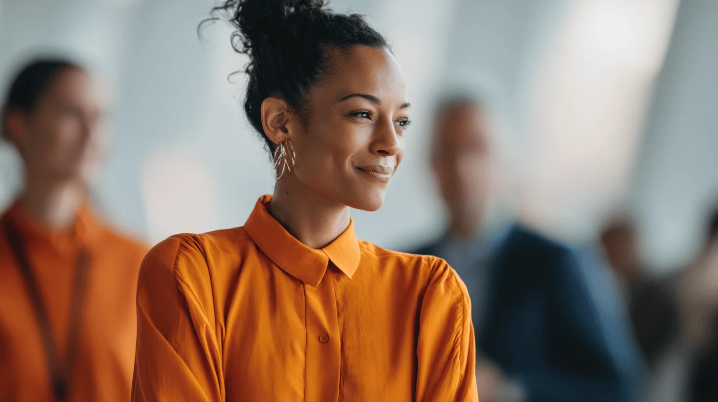 Smiling woman in an orange shirt with hoop earrings, background blurred with other people in a light-filled space.