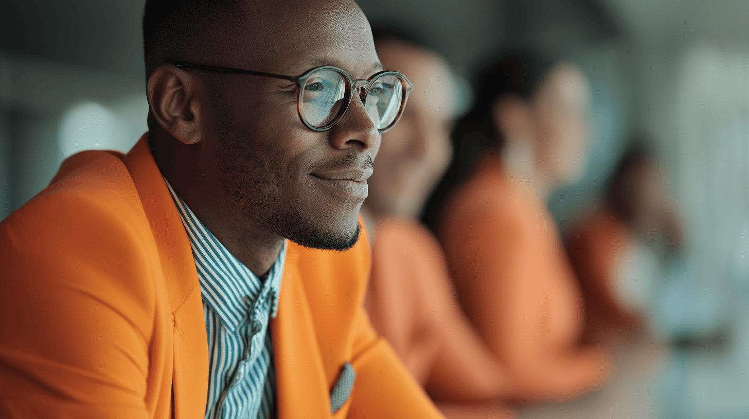A man in an orange blazer with glasses smiles, with blurred colleagues in coordinating orange outfits in the background.