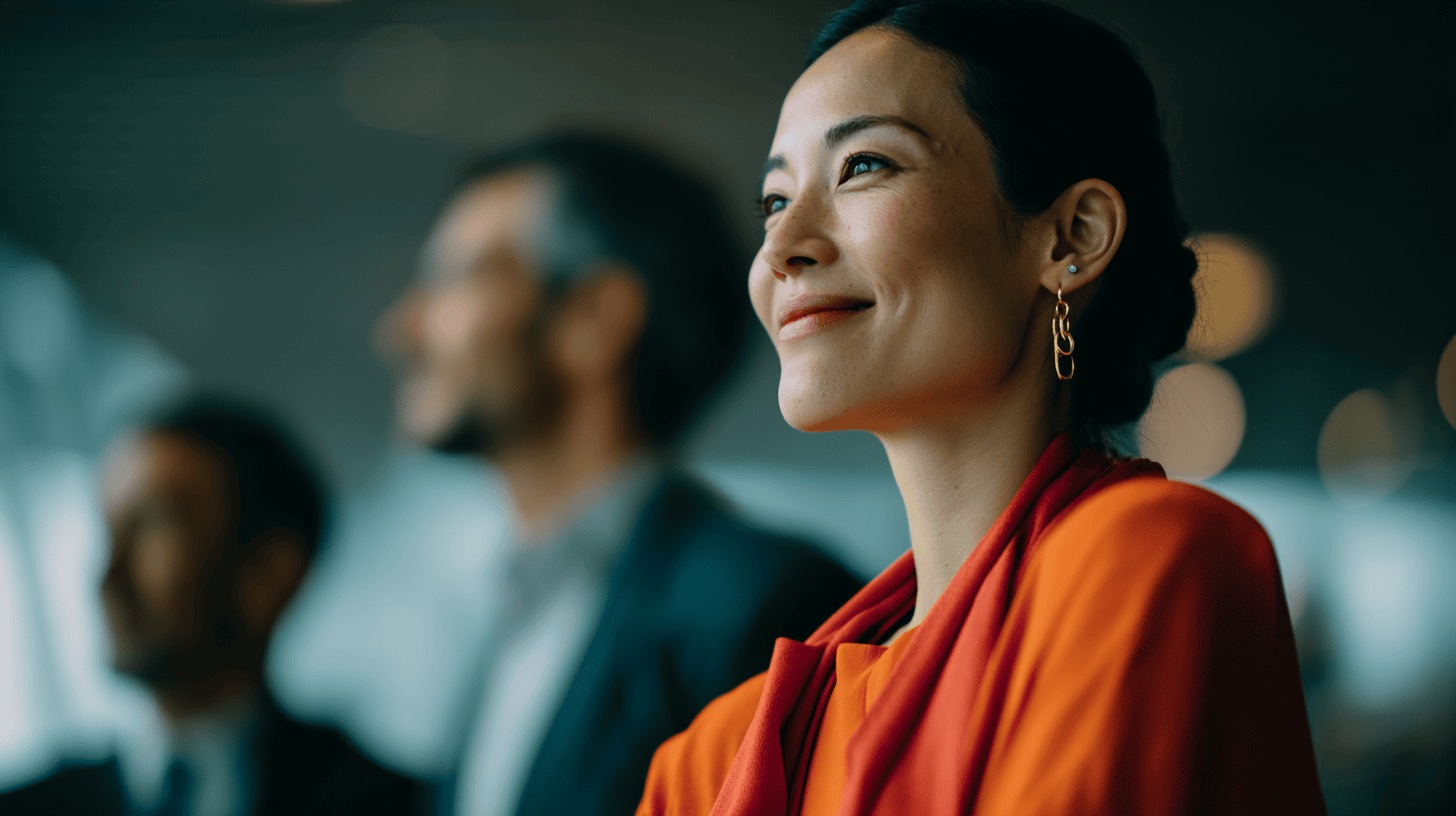 A woman in an orange top smiles softly, with two blurred figures in business attire in the background.