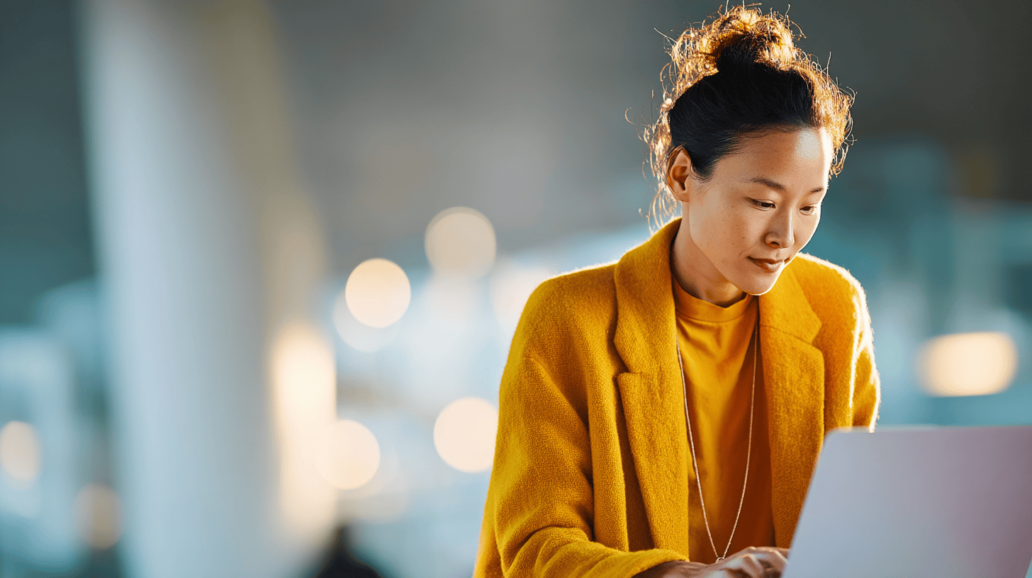 A woman in a yellow coat uses a laptop, focused, with a blurred background of soft light and subtle colors.