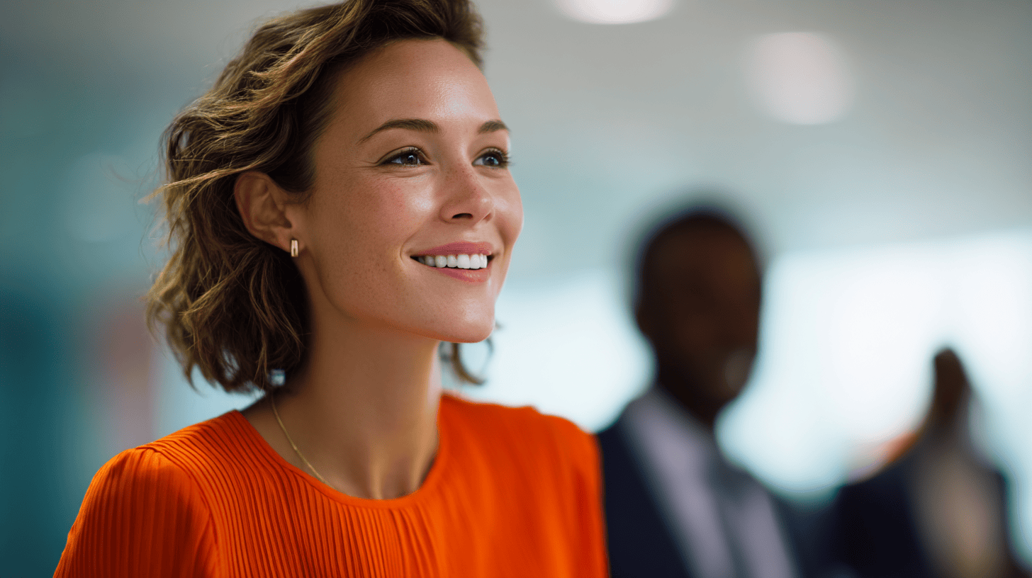 Smiling woman in an orange blouse with short hair, blurred background featuring a man in a suit.
