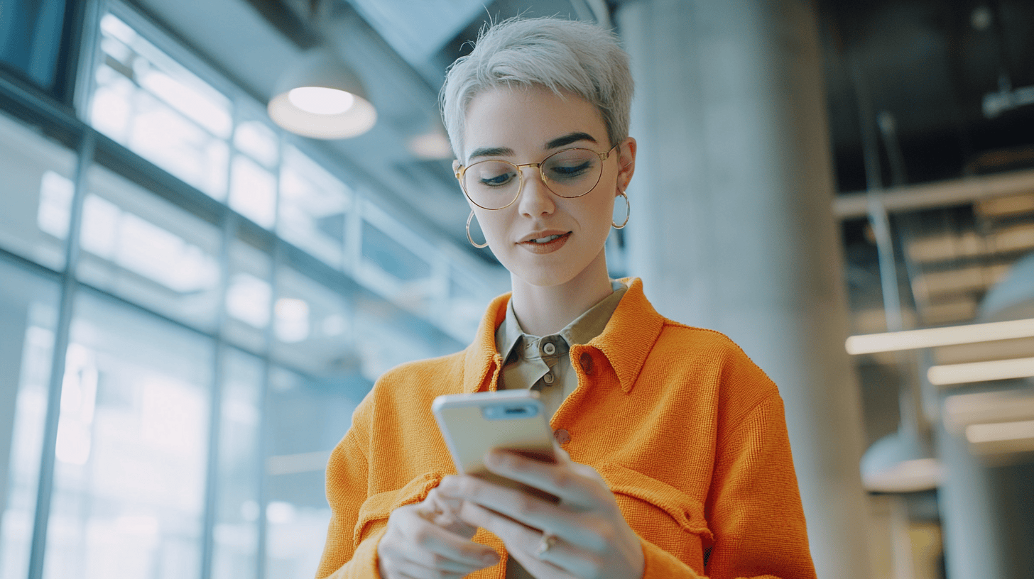 A young woman with short, light gray hair and glasses is holding a smartphone in a modern, well-lit indoor space.