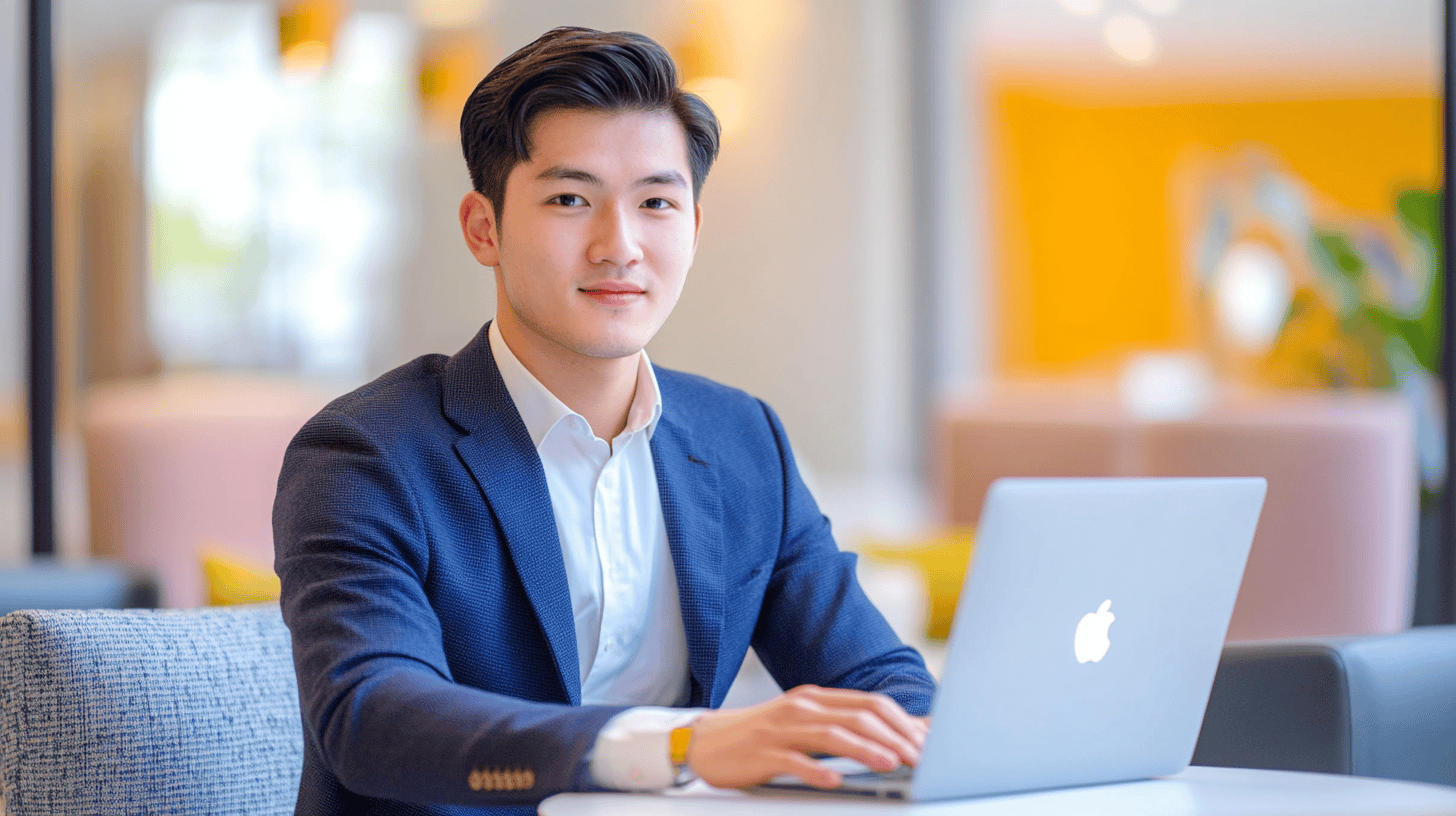 A young man in a suit sits at a desk with a laptop, smiling at the camera in a modern, bright workspace.