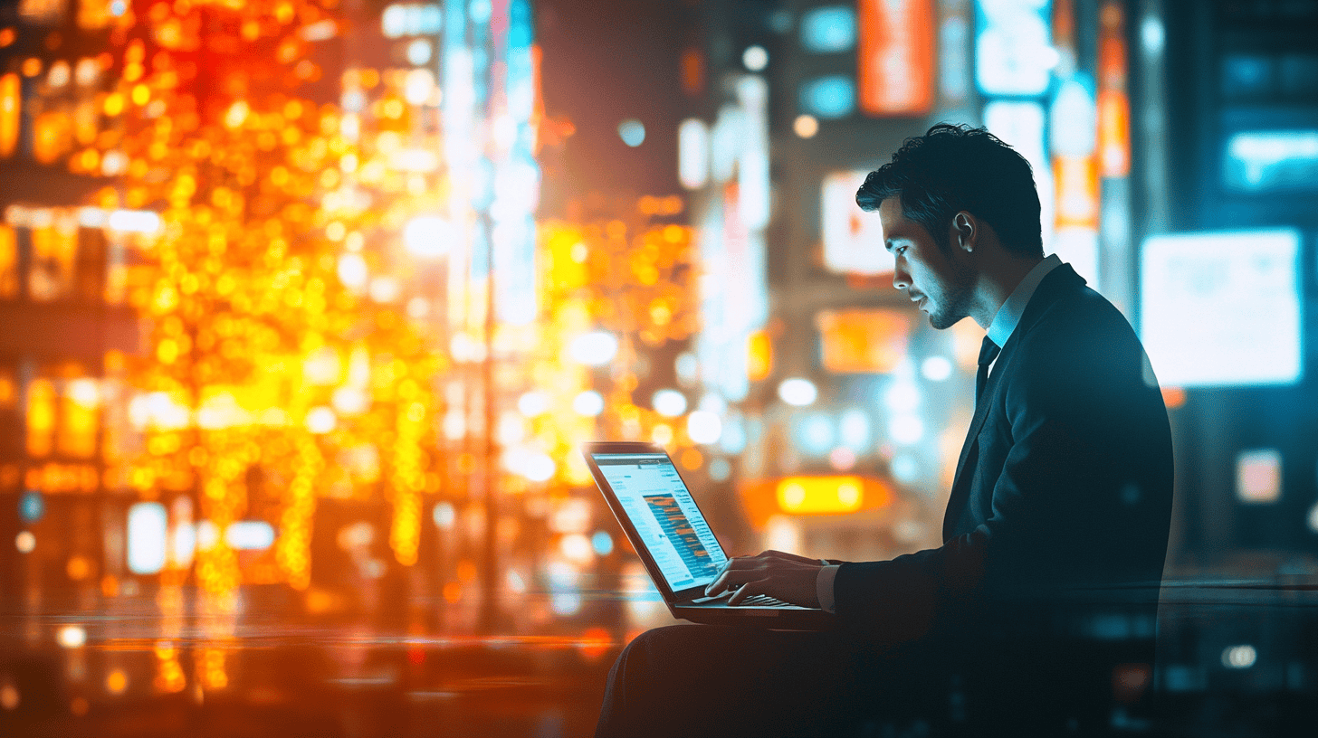A man in a suit uses a laptop, illuminated by colorful city lights at night.