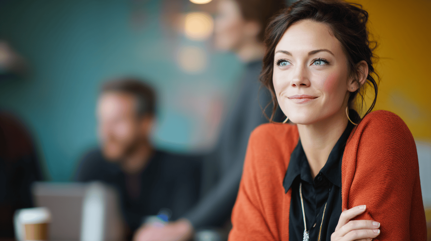 A woman in an orange cardigan smiles, with blurred figures and a coffee cup in the background of a modern workspace.