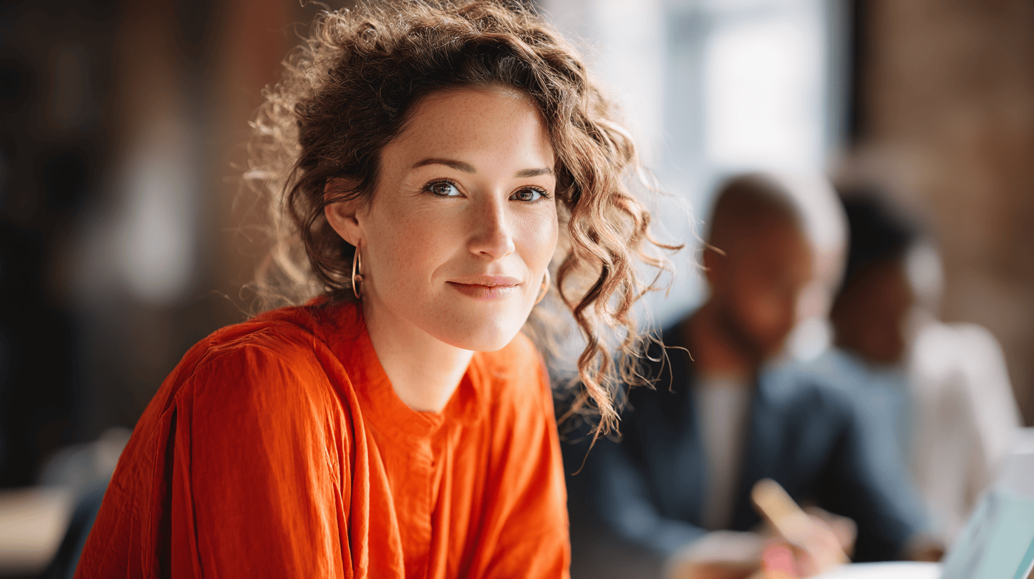 A young woman with curly hair smiles, wearing an orange shirt, while others work in a blurred background.