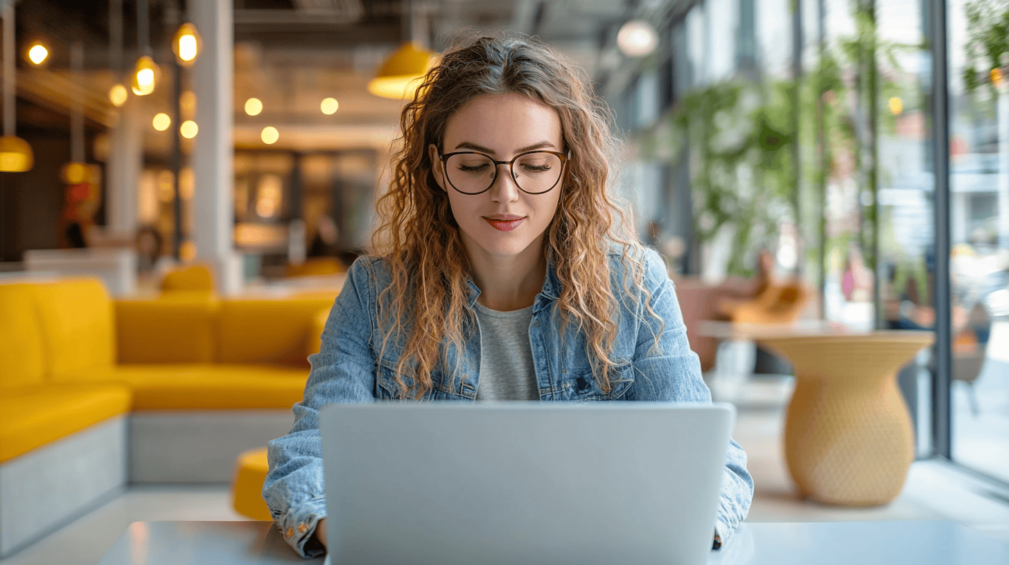 A woman with curly hair and glasses sits at a table, focused on her laptop in a modern café setting.
