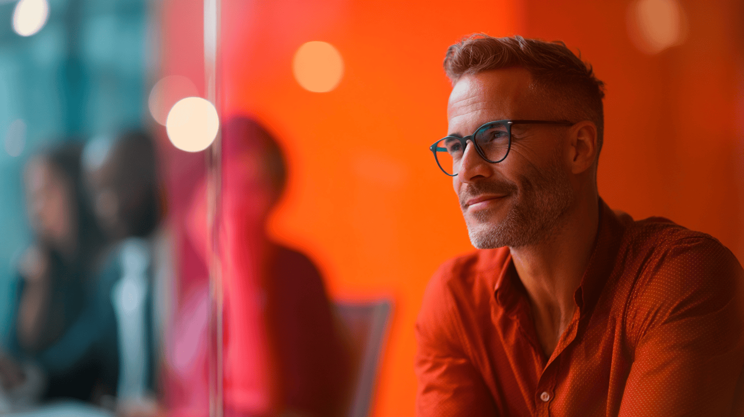 A man in a rust-colored shirt smiles, with an orange background and blurred figures of people visible behind him.