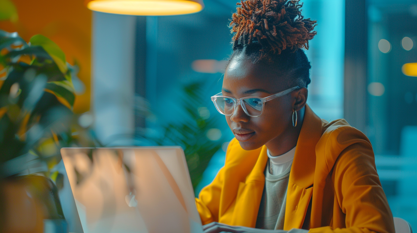 A focused woman in a bright yellow blazer types on a laptop in a modern workspace, surrounded by greenery.