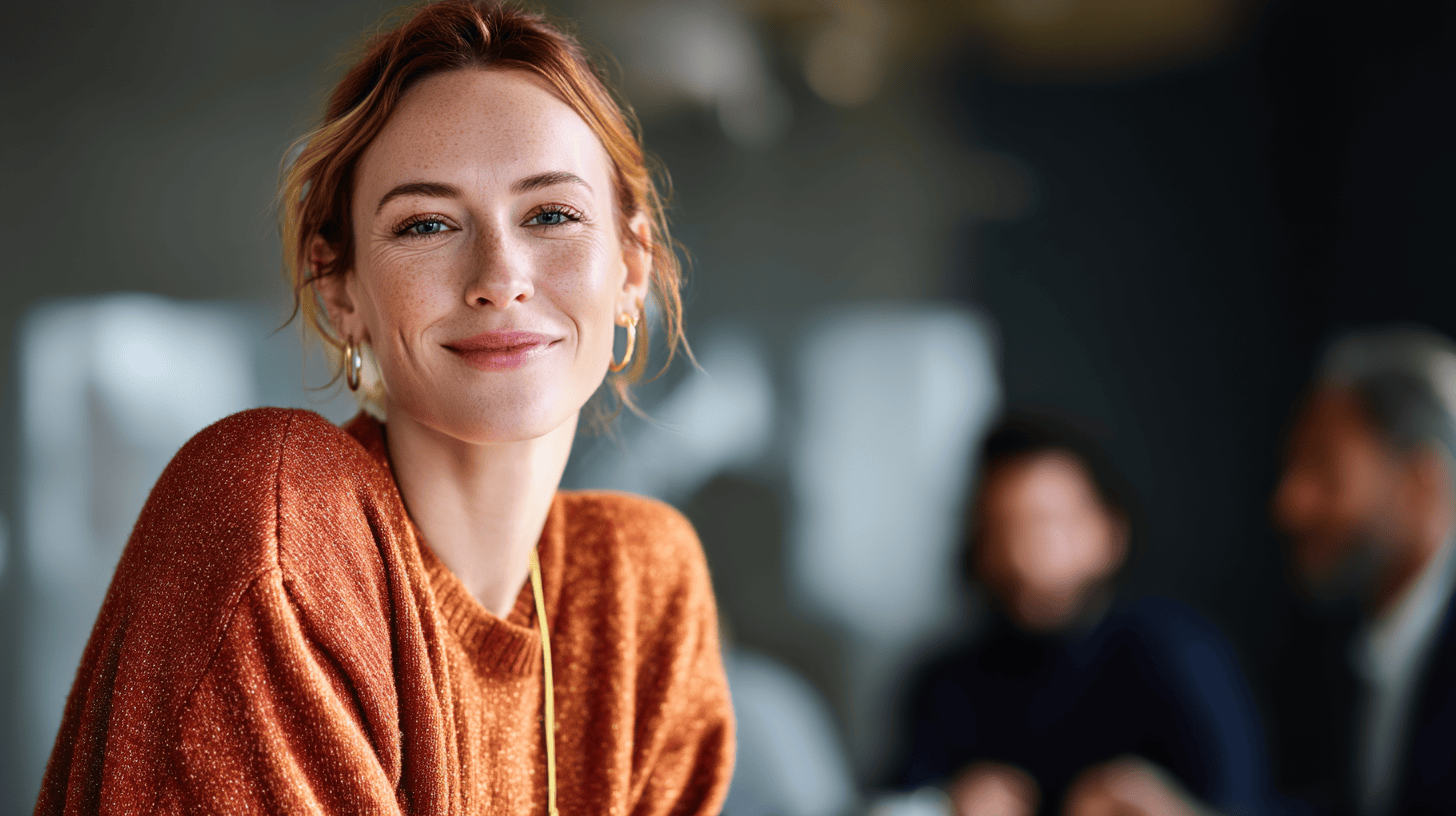 A woman in an orange sweater smiles warmly, with blurred figures of two people in the background at a modern workspace.