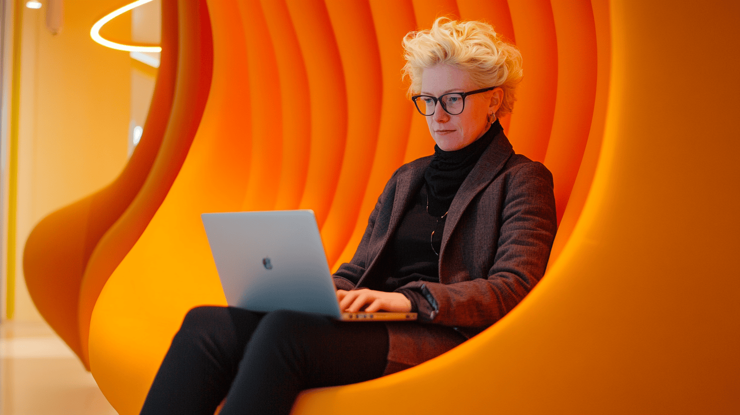 A person with short, curly hair sits on an orange chair, working on a laptop in a modern, bright space.