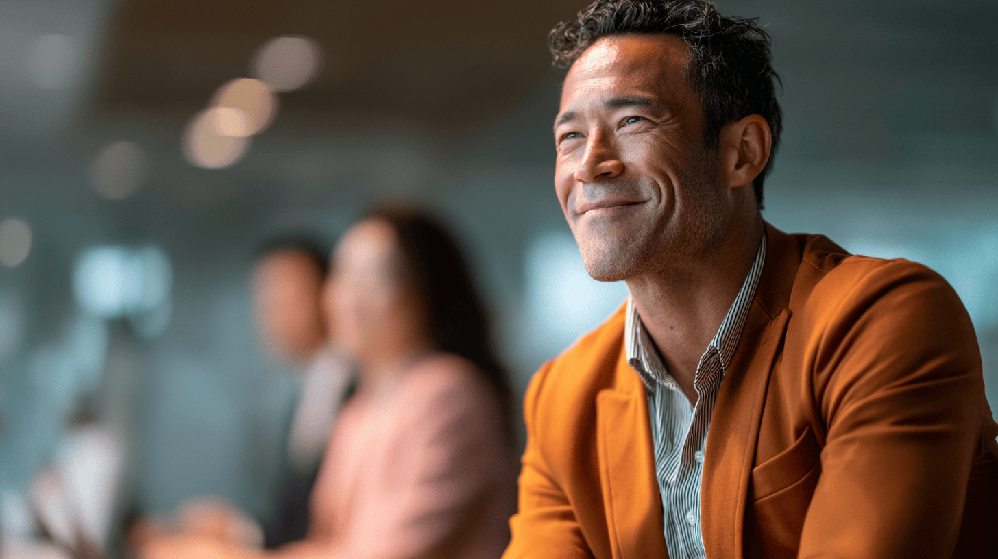 A smiling man in an orange blazer sits at a table, with two blurred colleagues in the background.