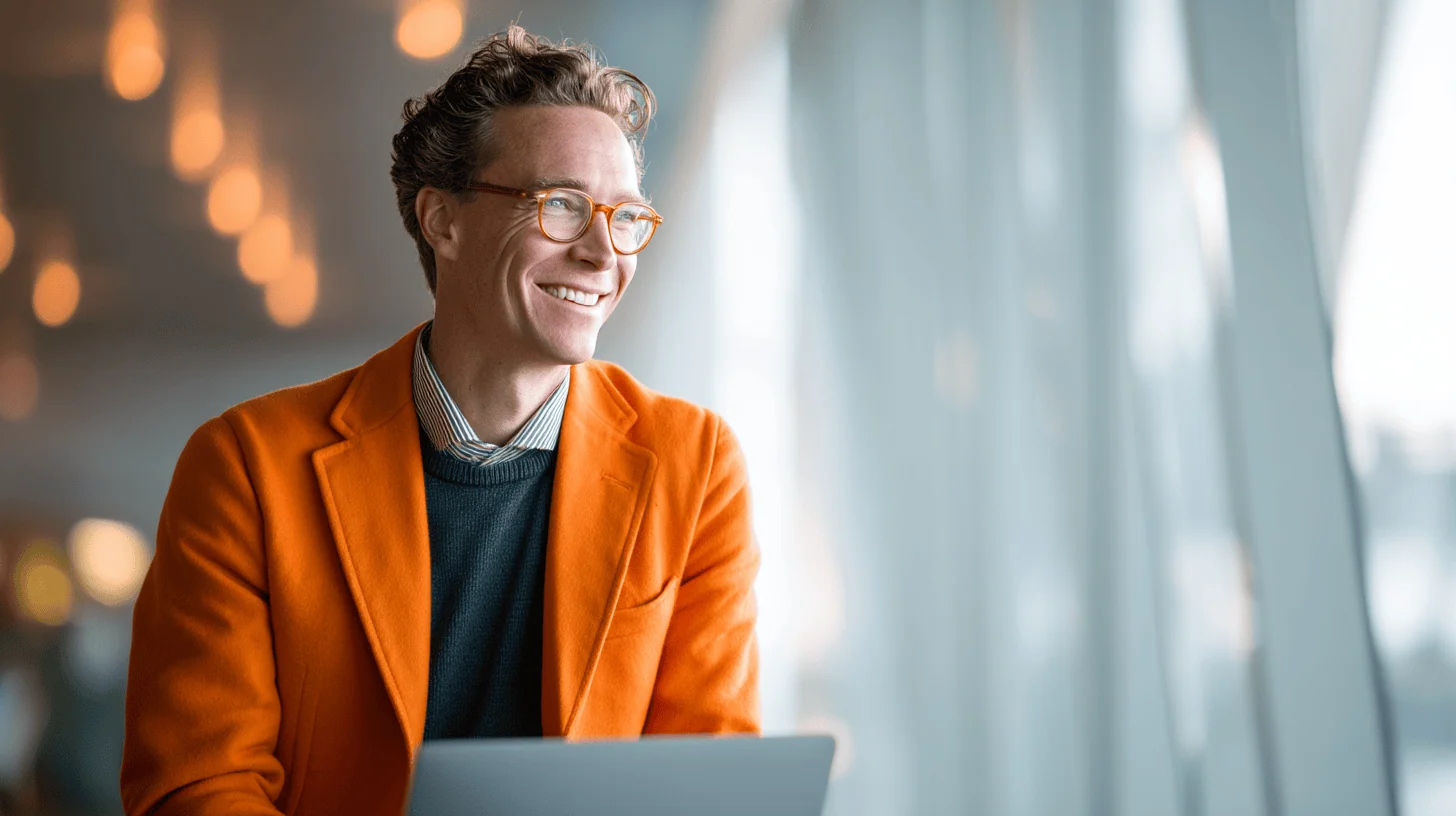 Smiling man in an orange blazer and green sweater, seated with a laptop, surrounded by softly lit background.