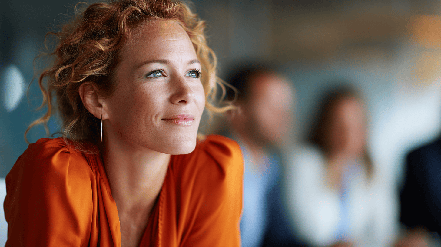A woman with curly hair, wearing an orange blouse, gazes thoughtfully with a slight smile, blurred colleagues in the background.
