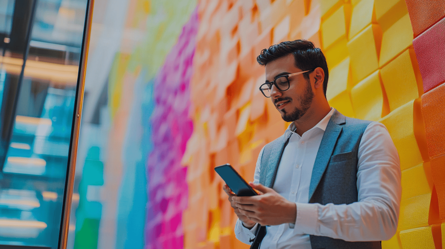A man in a gray suit and glasses checks his phone while standing in front of a colorful sticky note wall.