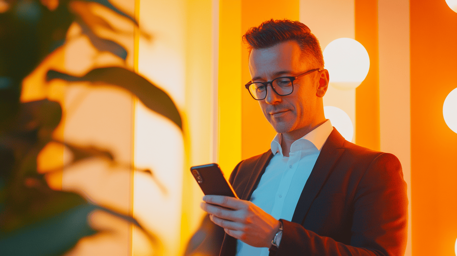 A clean-cut man in glasses checks his phone, standing against a backdrop of warm vertical lines and circular lights.