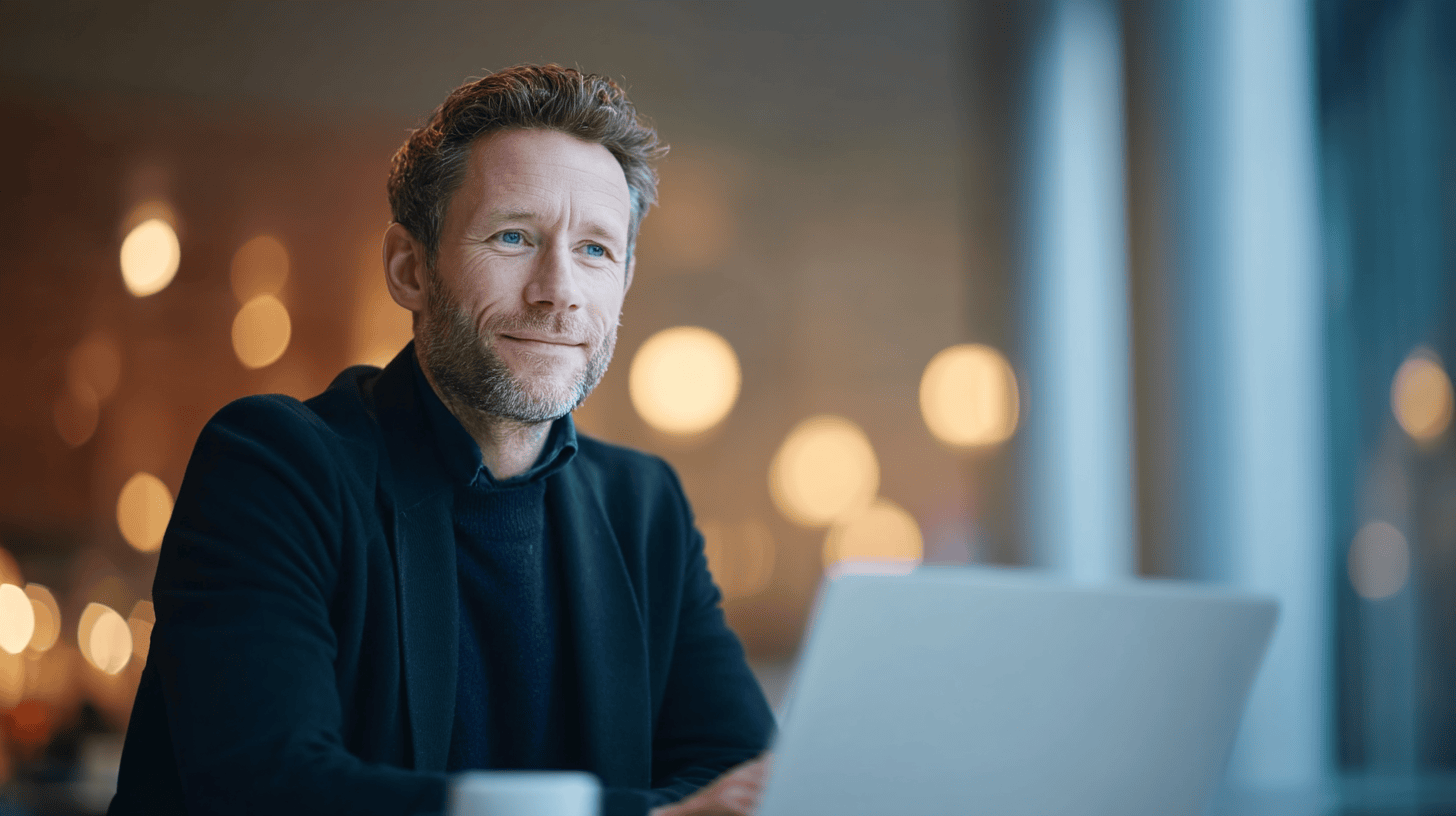 A man with a beard smiles while sitting at a table with a laptop and a coffee cup, surrounded by soft, warm lights.