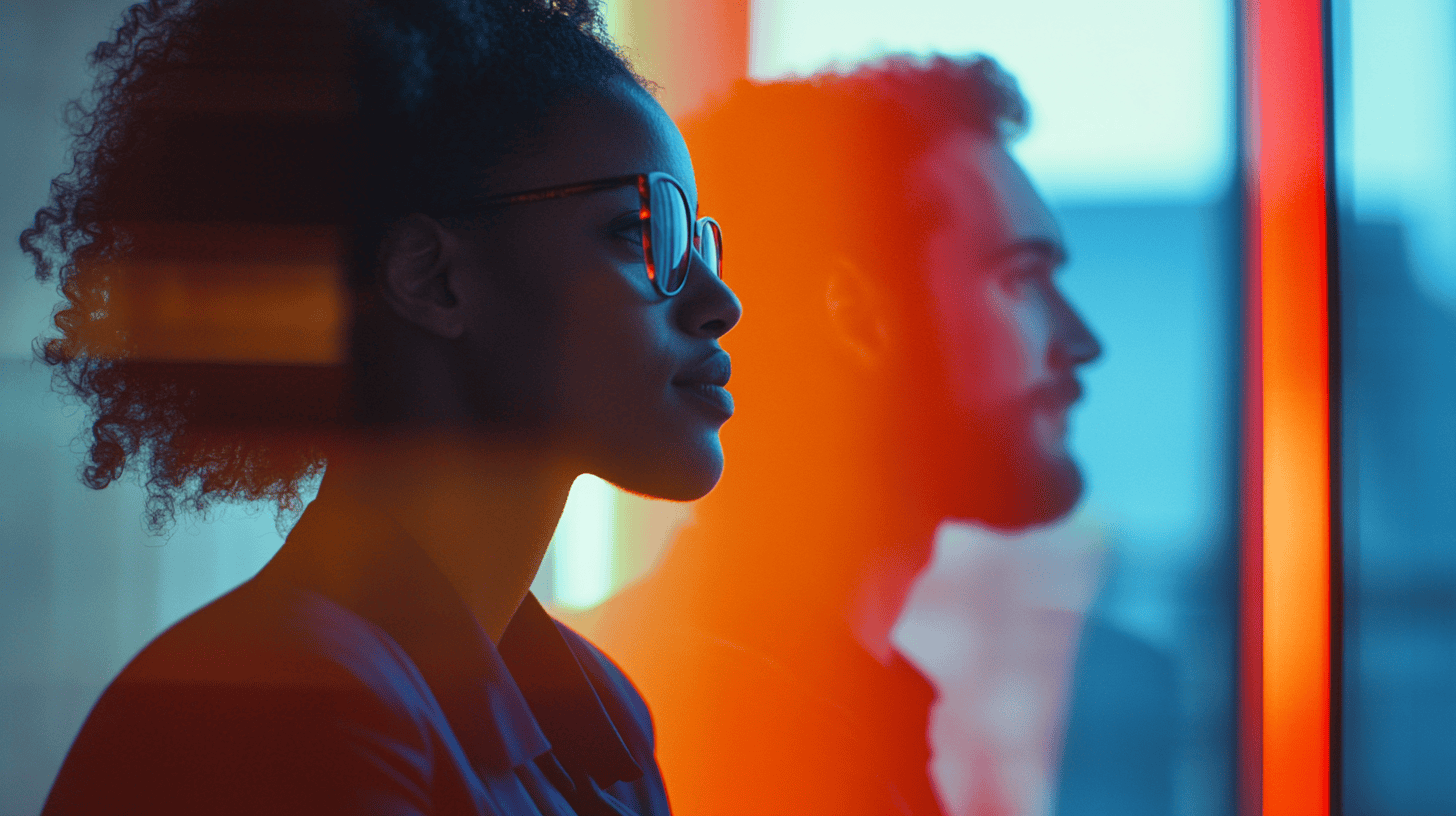 A woman with curly hair and glasses and a bearded man stand side by side, illuminated by colorful light reflections.
