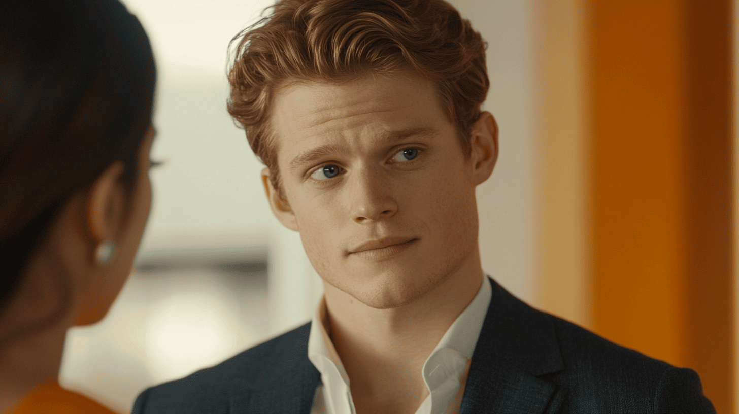 A close-up of a young man with curly hair, wearing a dark suit and white shirt, gazing thoughtfully at someone out of frame.