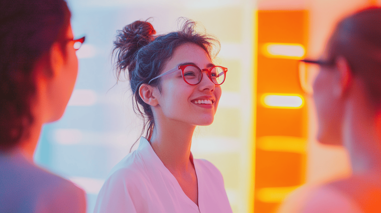 A smiling young woman with red glasses is surrounded by two people, with colorful lights in the background.