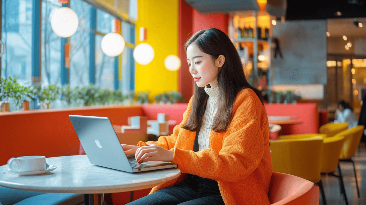 A young woman in an orange sweater types on a laptop at a bright café table with colorful decor and plants.