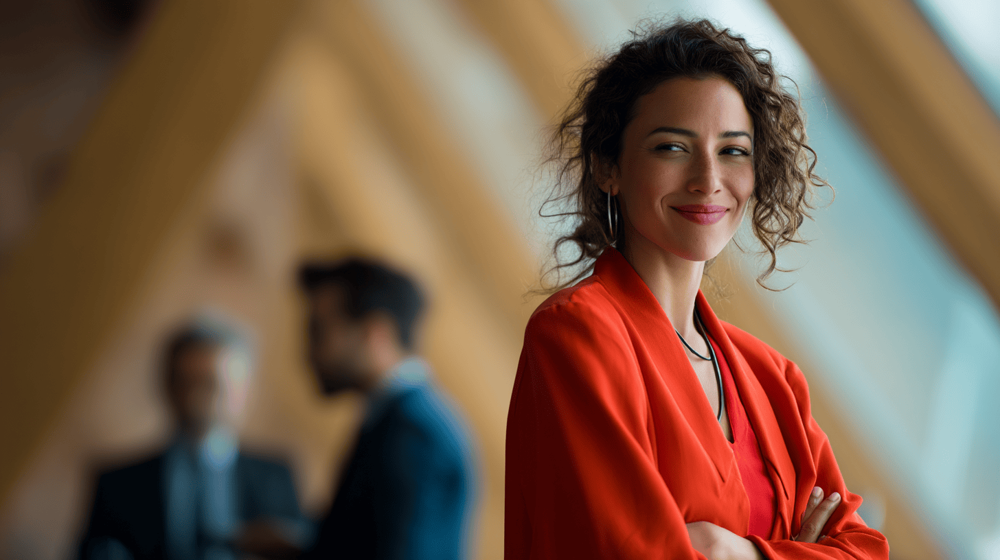 A smiling woman in an orange blazer stands confidently, with blurred colleagues in the background.
