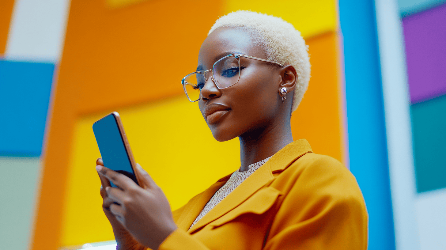 A woman with short blonde hair and glasses holds a smartphone, standing against a colorful abstract background.