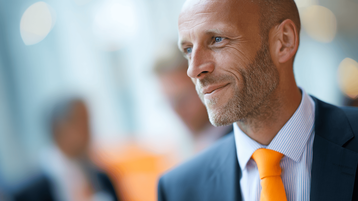 A man in a suit with an orange tie smiles, with a blurred background of people and soft lighting.