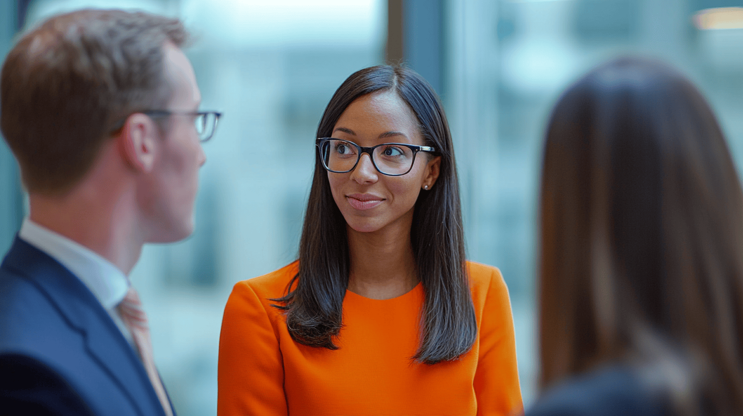 A woman in an orange dress listens attentively while two people, one in a suit, talk near large windows.