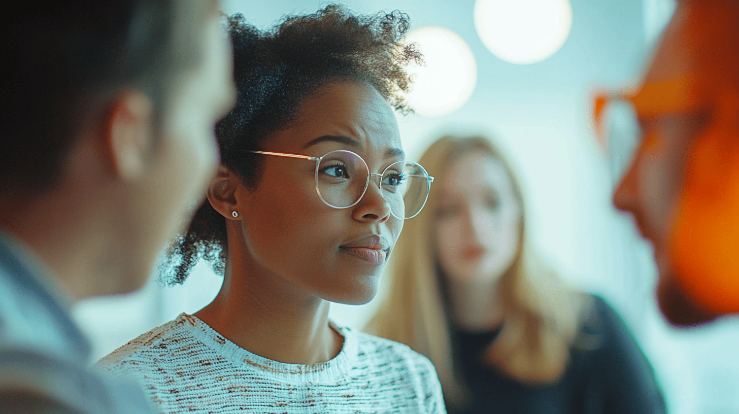 A close-up of a woman with curly hair and glasses, engaged in conversation with two blurred figures in the background.
