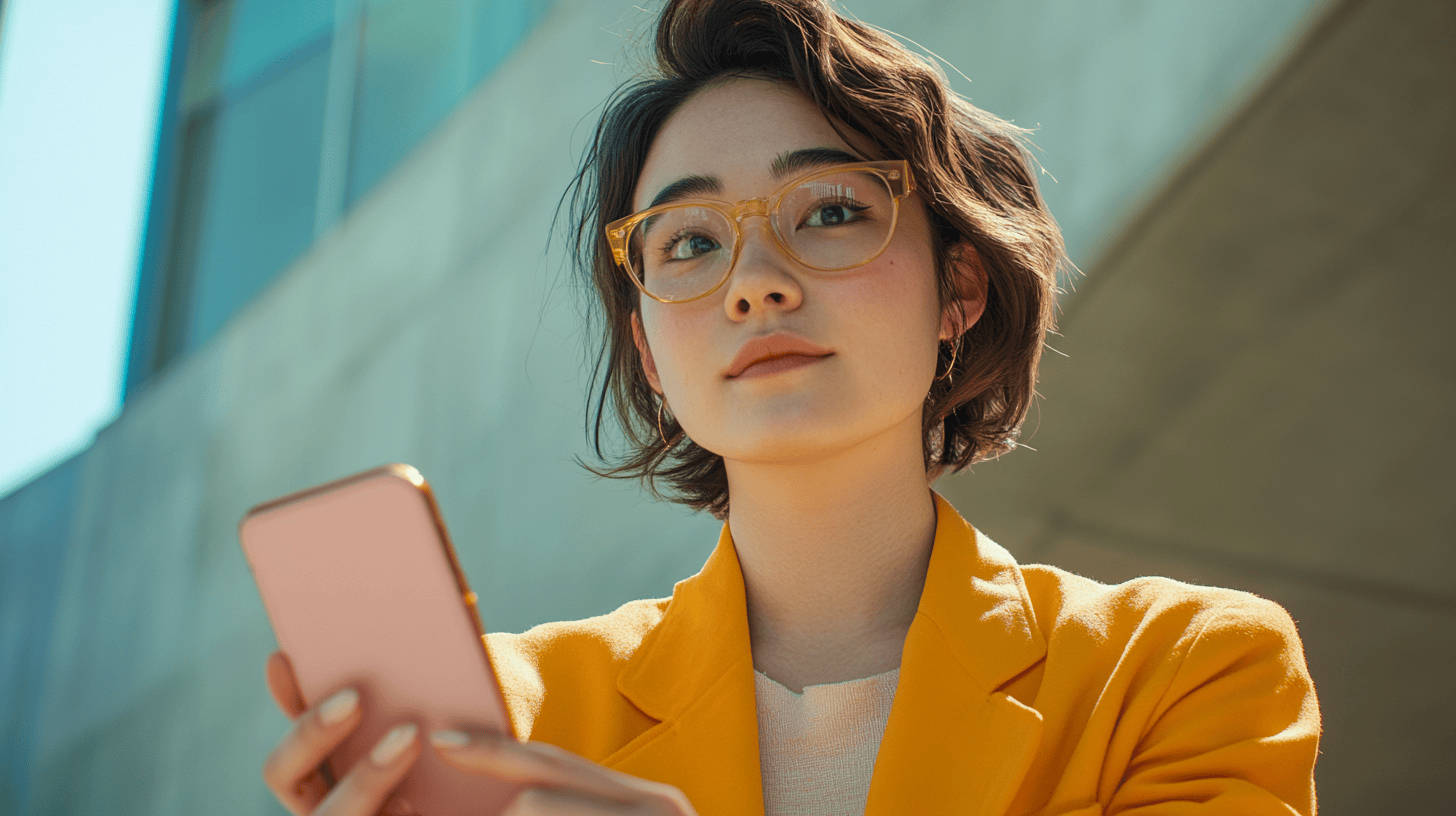 A young woman in a yellow blazer and glasses holds a pink smartphone, standing outdoors under bright sunlight.