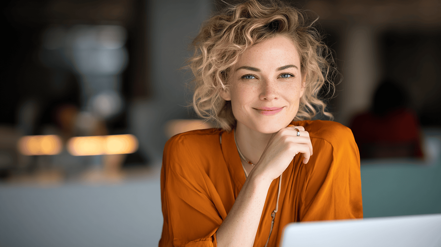 Smiling woman in an orange shirt resting her chin on her hand, sitting at a desk with a laptop in a bright workspace.