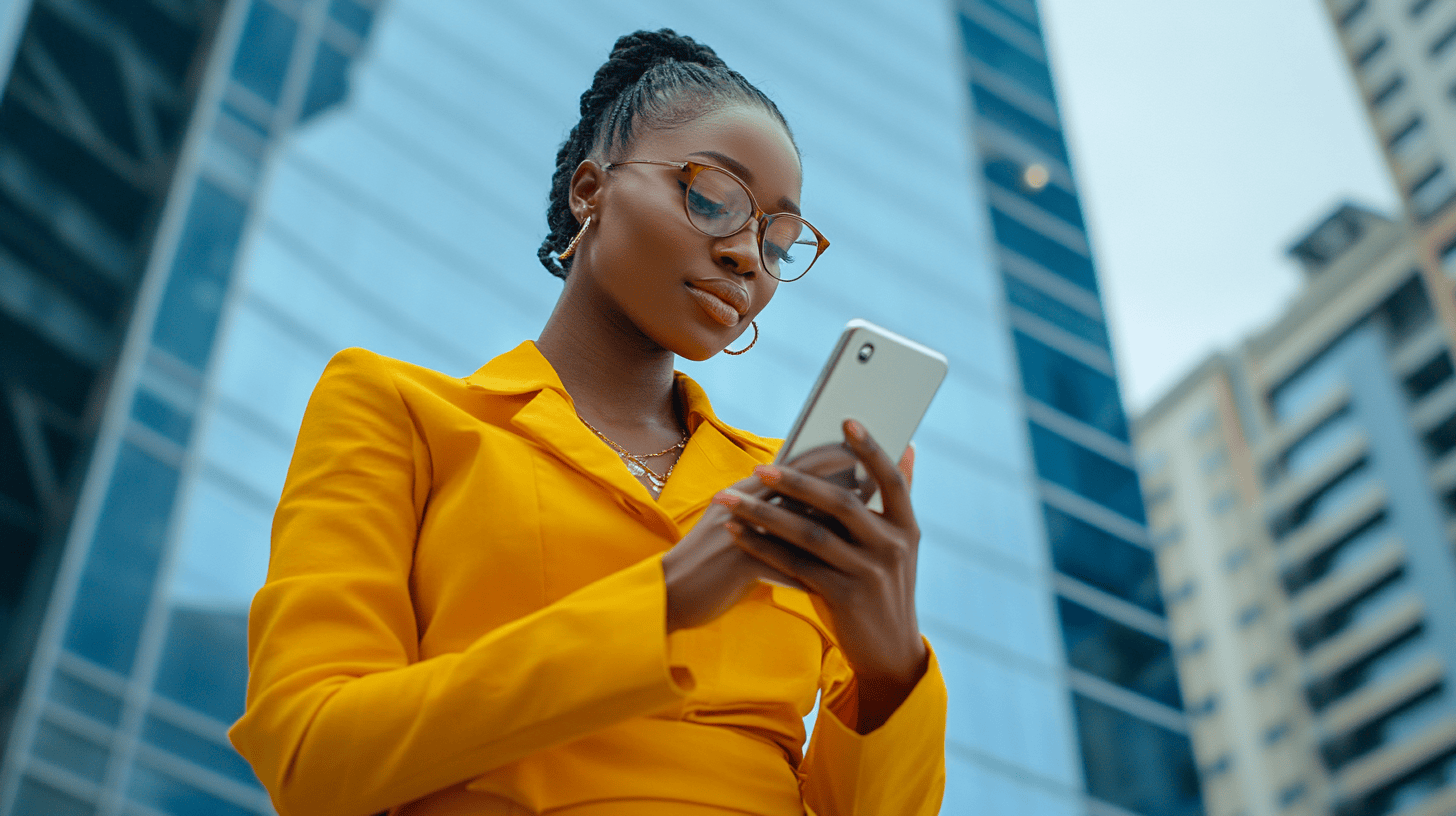 A woman in a yellow suit and glasses looks at her smartphone, with modern buildings in the background.