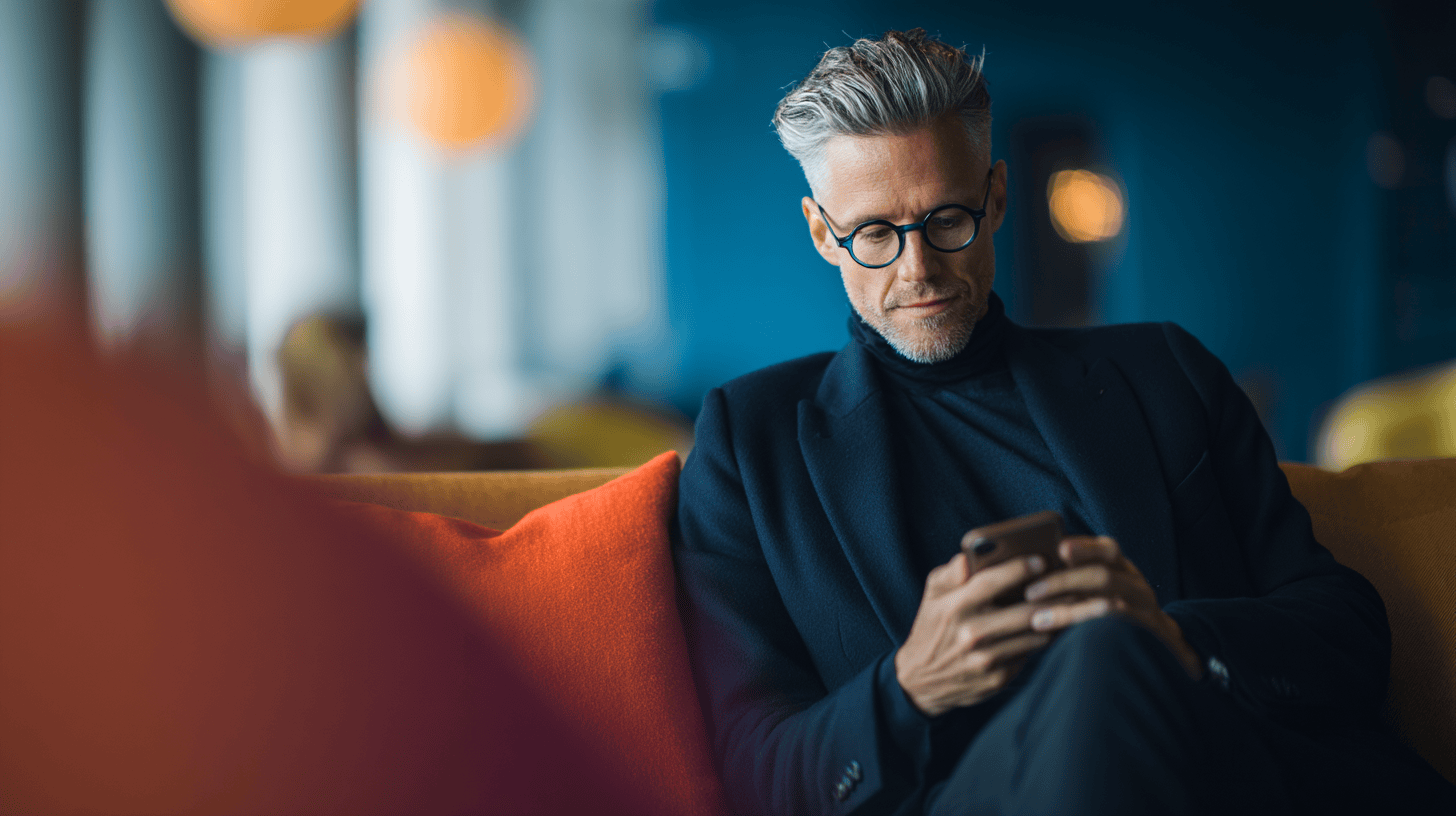 A stylish man in glasses sits on a sofa, focused on his smartphone in a modern, softly-lit space.