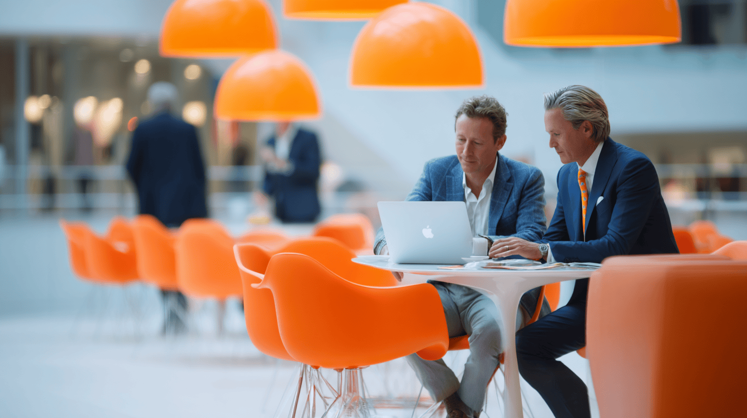 Two men collaborate over a laptop at a modern café with bright orange chairs and pendant lights in a bustling environment.