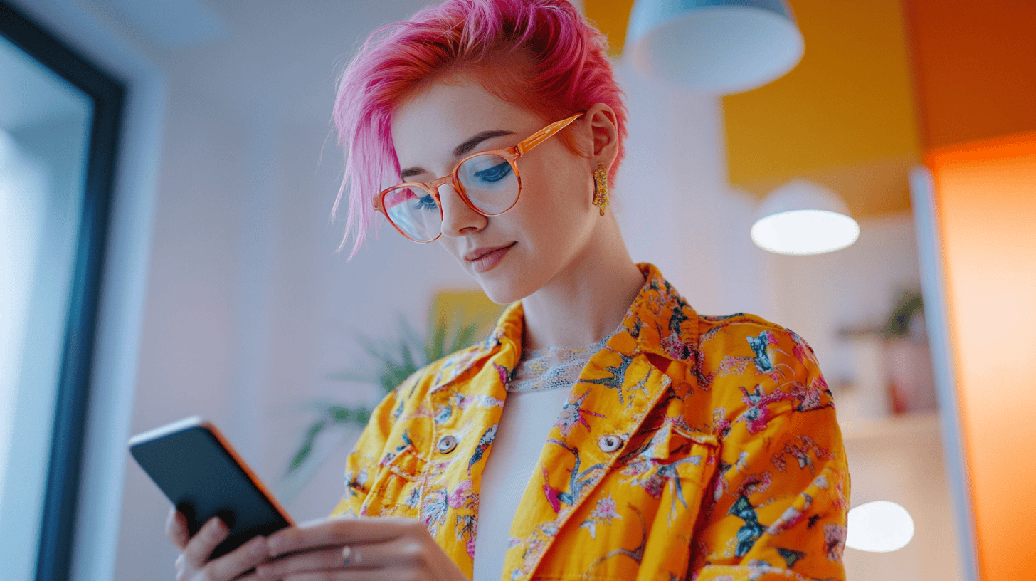 A young woman with pink hair and glasses looks at her smartphone, wearing a bright yellow floral jacket in a modern interior.