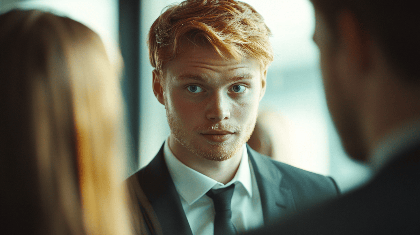 A young man in a suit looks directly at the camera, with soft focus on two people in the background.