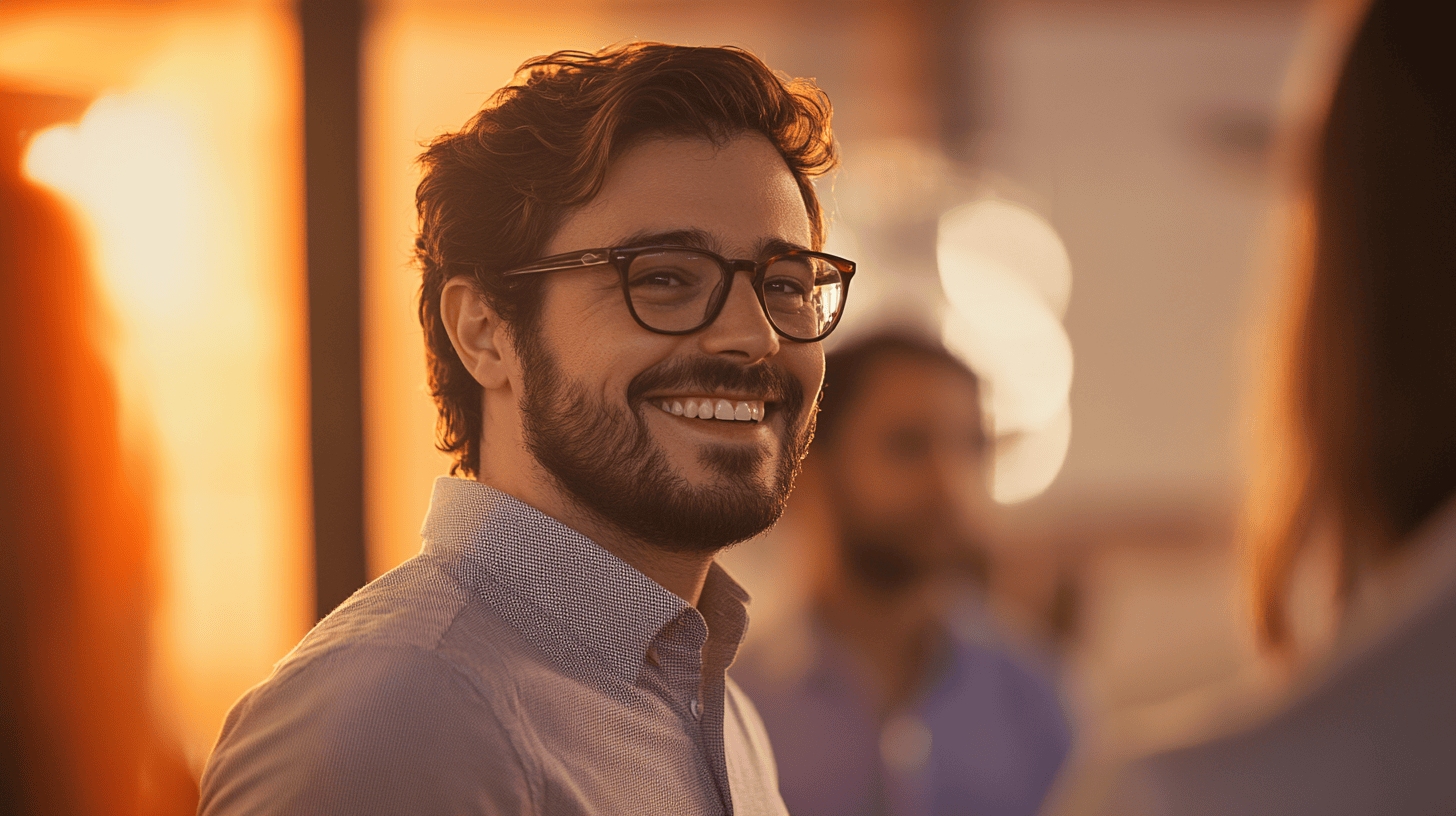 A smiling man with glasses and curly hair stands in a softly lit room, engaging in conversation with others.