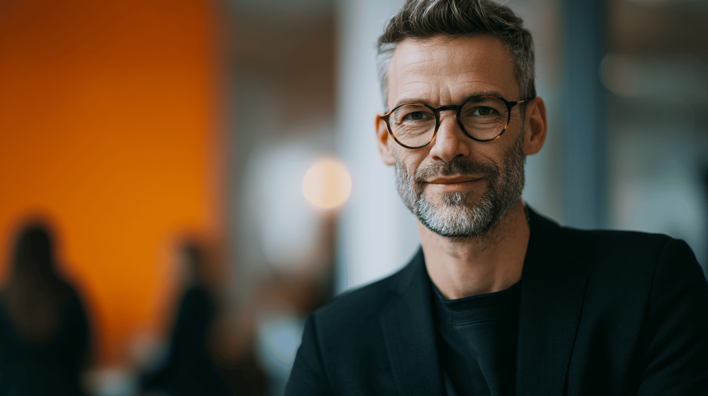 A smiling man with glasses and a beard poses in front of an orange wall in a softly lit, modern environment.