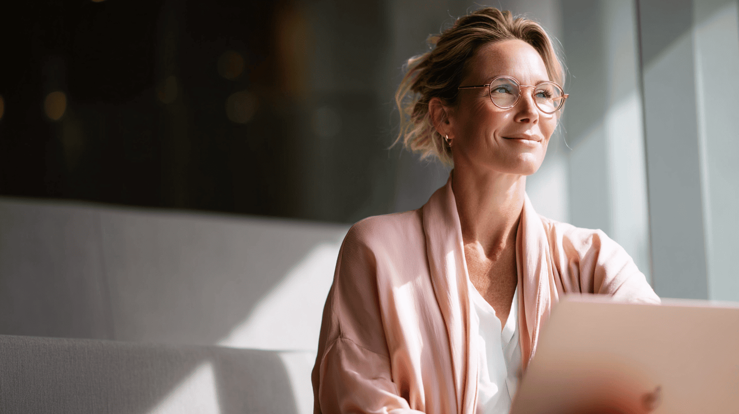 A woman with glasses sits comfortably, holding a laptop, basking in natural light with a soft smile.