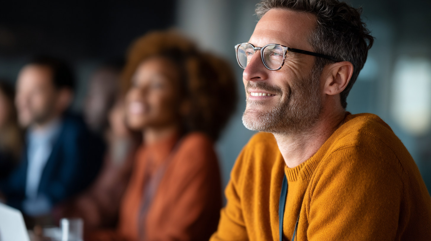 A smiling man in an orange sweater sits in focus, with blurred colleagues in the background, engaged in a discussion.