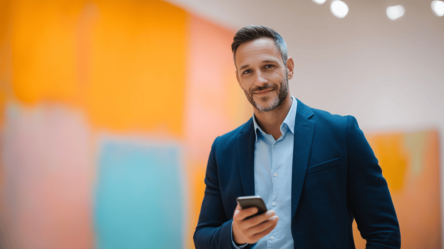 A smiling man in a blue blazer holds a smartphone, with colorful abstract artwork in the blurred background.