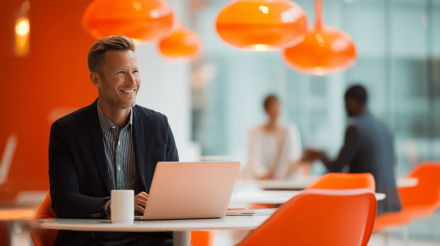 A man smiles at a laptop with coffee, surrounded by orange decor and blurred figures in a modern workspace.
