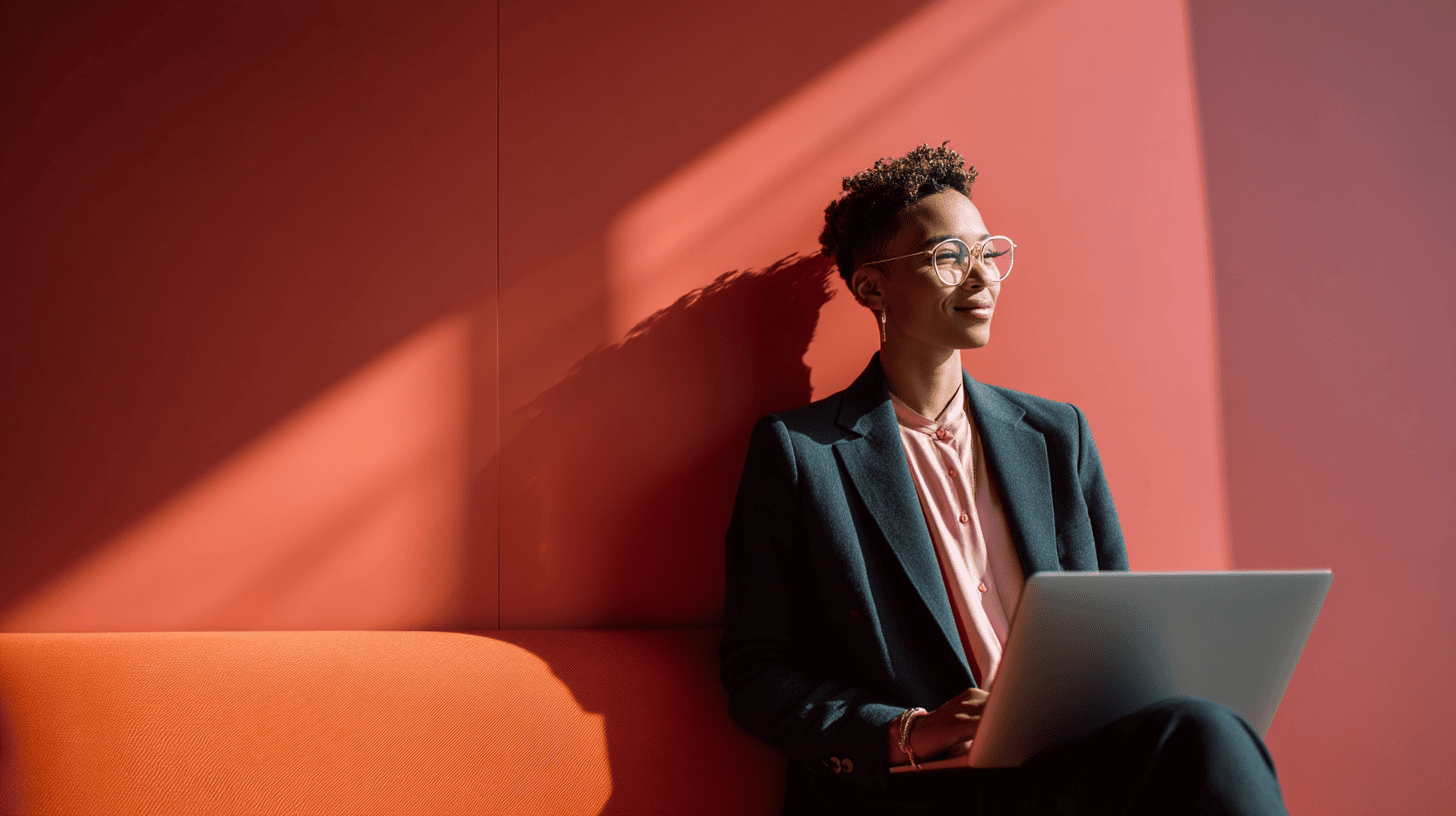 A person in a blazer and pink shirt sits with a laptop on an orange couch against a red wall, illuminated by sunlight.